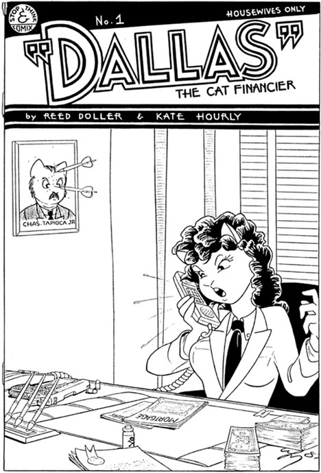 Taral's parody of Omaha, done in the style of a comic book cover, with the title, Dallas, the cat financier.