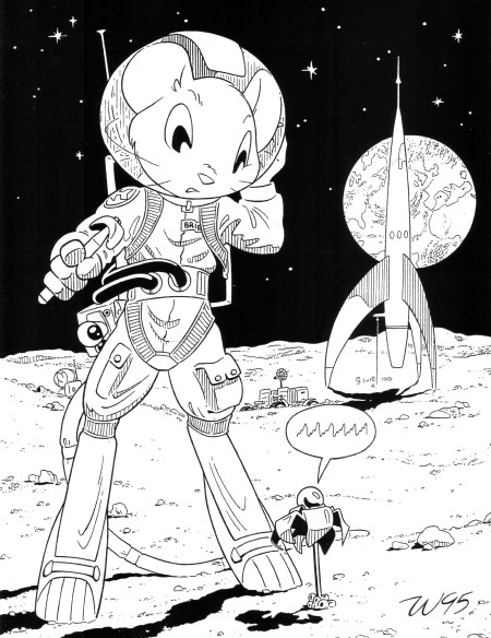 Moon blossoms, a drawing in which a mouse astronaut encounters a strange alien flower on the moon.